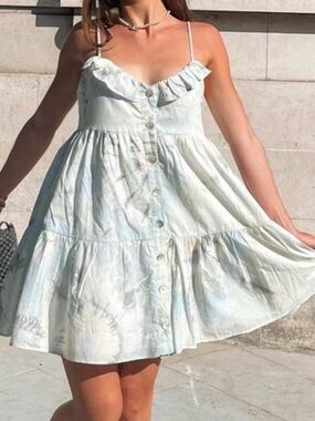 Zara Pale Aqua Tie-Dye Ruffle-Trim Mini Dress